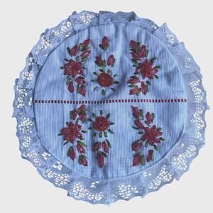 Handmade Mexican Tortilla Warmer Cover Embroidered Red Flowers, Lace Edge